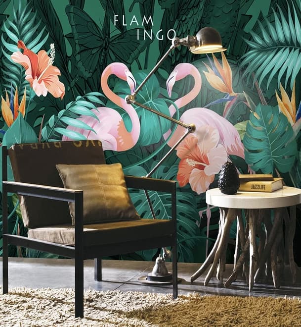 Coral and Pink Flamingo with Tropical Leafy Wallpaper Mural