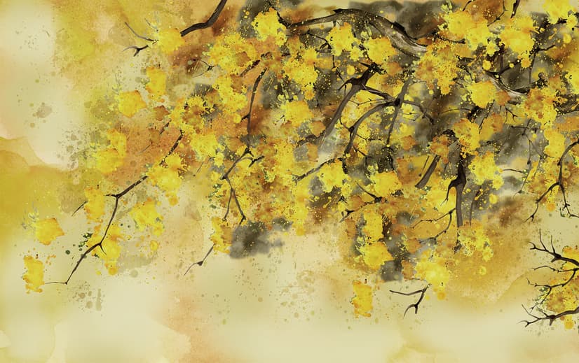 Watercolor Yellow Tree Landscape Wallpaper Mural