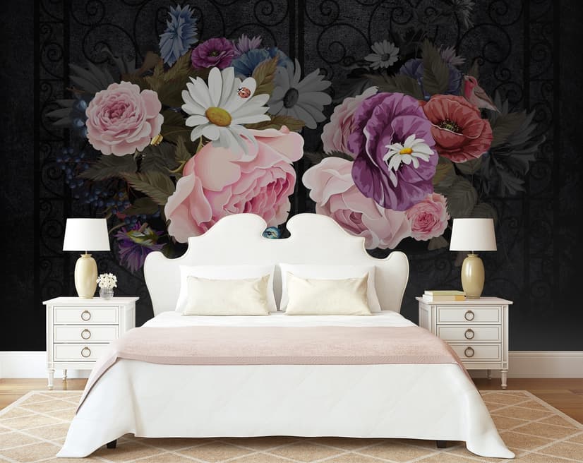 Dunkle Blumen mit bunter Pfingstrose Fototapete