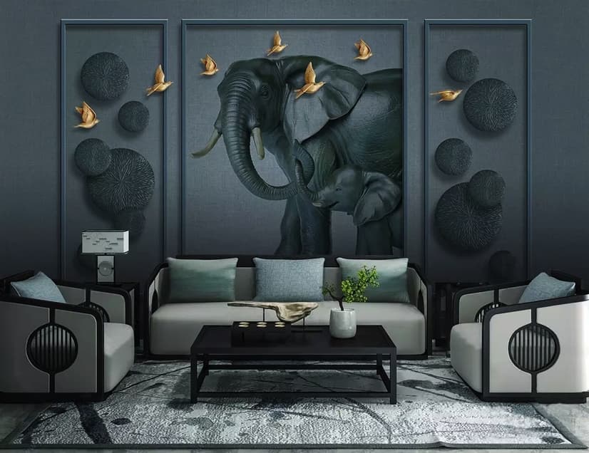 Papier peint panoramique éléphant sombre et oiseaux aspect 3D en relief