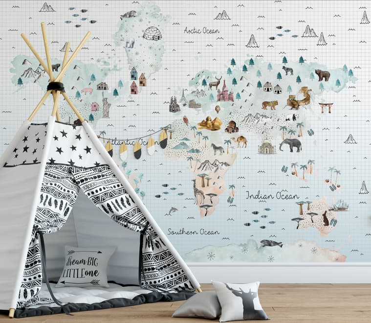 Kids Map with Little Animals Wallpaper Mural