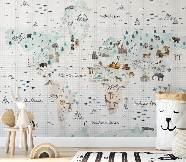 Kids Map with Little Animals Wallpaper Mural