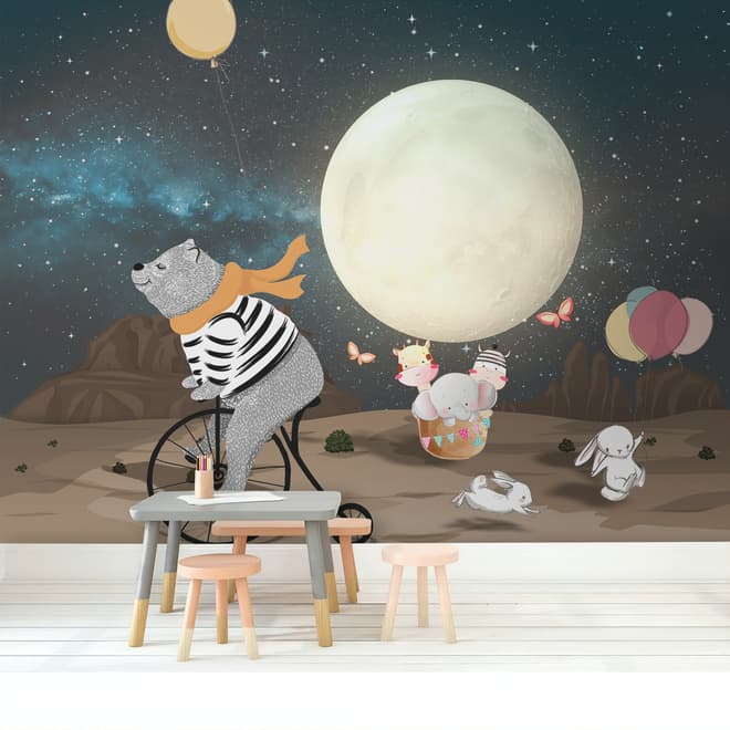 Papier peint Ours de dessin animé et lapin mignon avec la lune