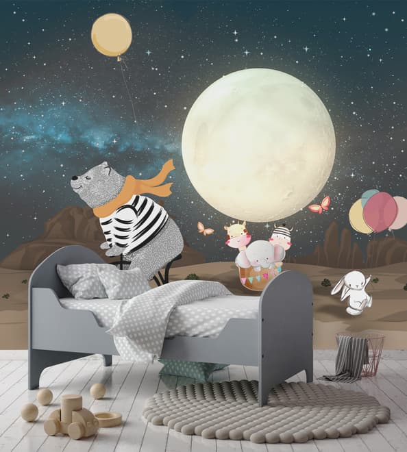 Papier peint Ours de dessin animé et lapin mignon avec la lune
