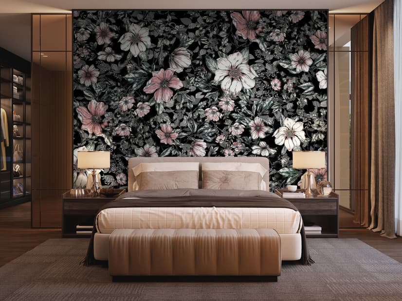 Dark Floral with White Daisy Wallpaper Mural