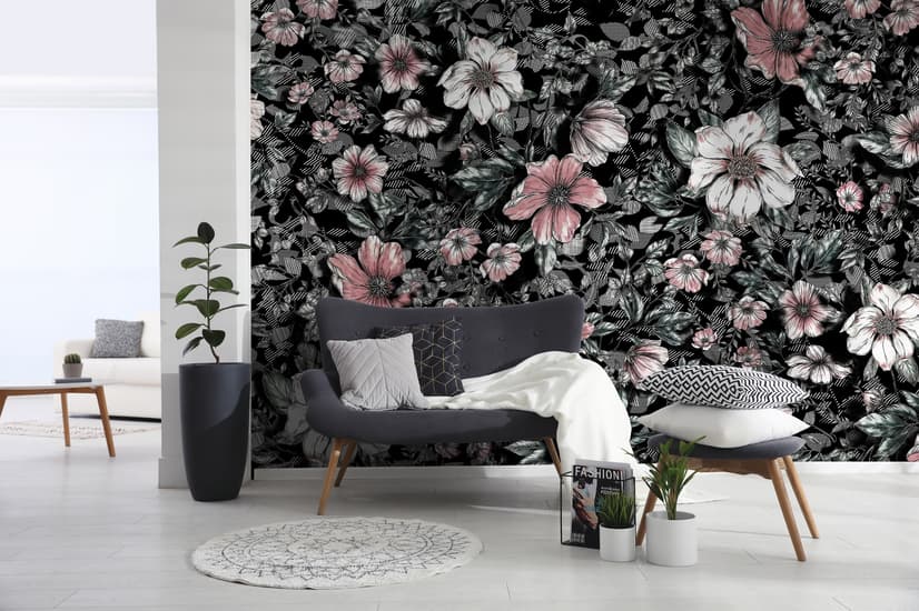 Dark Floral with White Daisy Wallpaper Mural