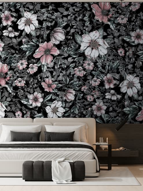 Dark Floral with White Daisy Wallpaper Mural