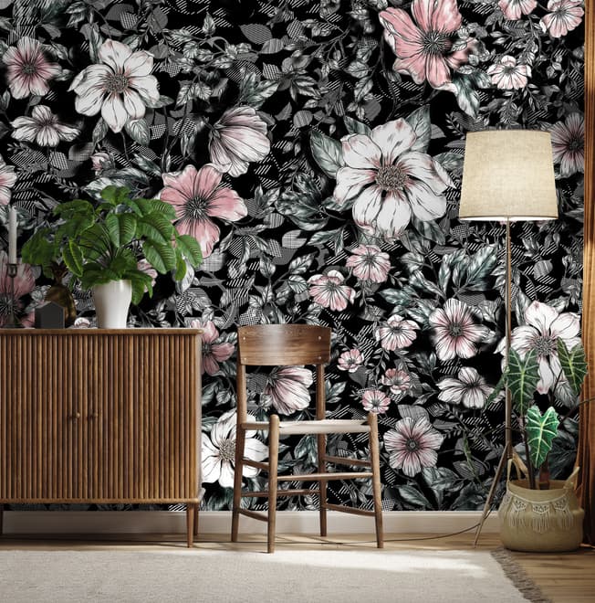 Dark Floral with White Daisy Wallpaper Mural