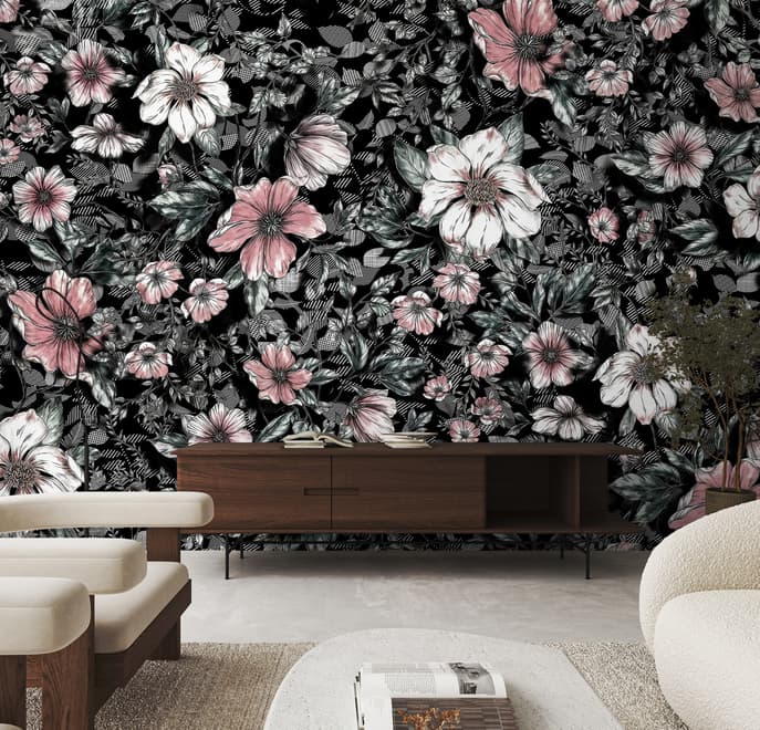 Dark Floral with White Daisy Wallpaper Mural