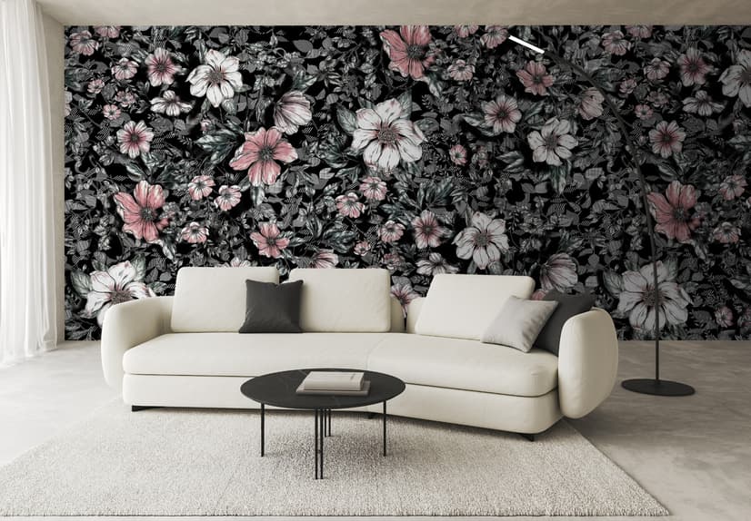 Dark Floral with White Daisy Wallpaper Mural