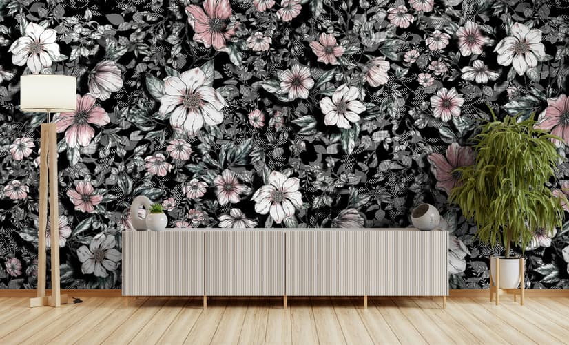 Dark Floral with White Daisy Wallpaper Mural