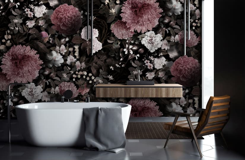 Papier peint panoramique floral foncé avec chrysanthème rose