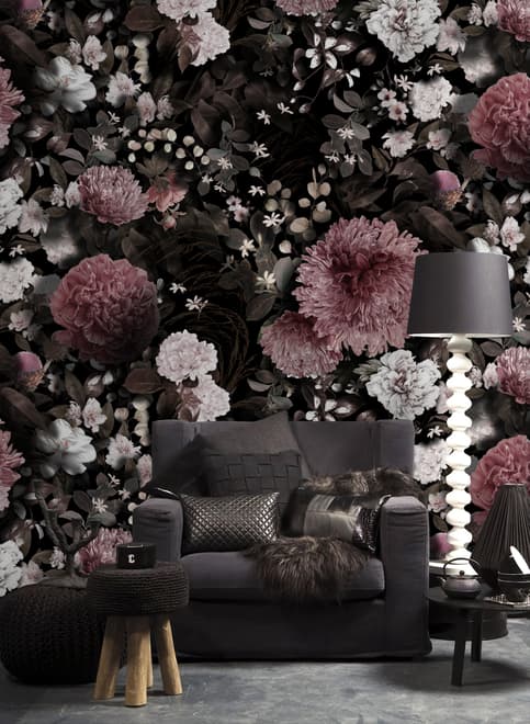 Papier peint panoramique floral foncé avec chrysanthème rose