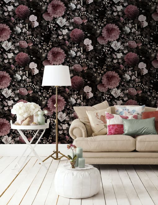 Papier peint panoramique floral foncé avec chrysanthème rose