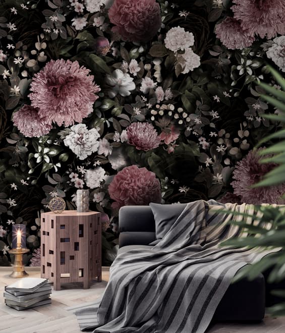 Dark Floral  Pink Chrysanthemum and Green Leaves Wallpaper Mural