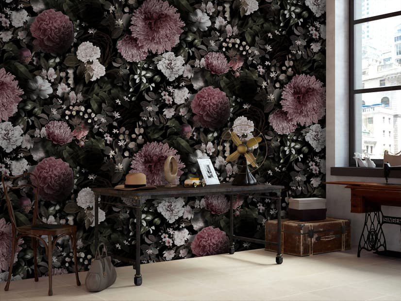 Dunkle Blumen Fototapete mit Rosa Chrysanthemen und Grünen Blättern