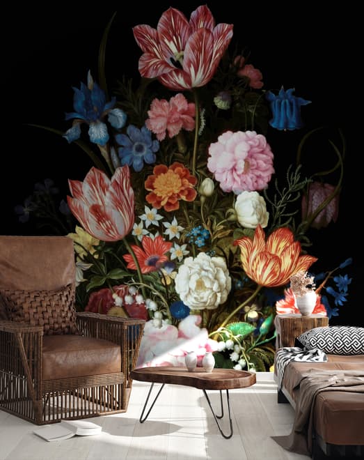 Elegant Dutch Dark Floral Bouquet Wallpaper Mural