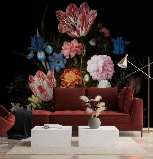 Elegant Dutch Dark Floral Bouquet Wallpaper Mural
