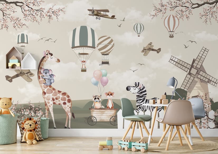 Kids Woodland Animals with Vintage Aircraft and Windmill Wallpaper Mural