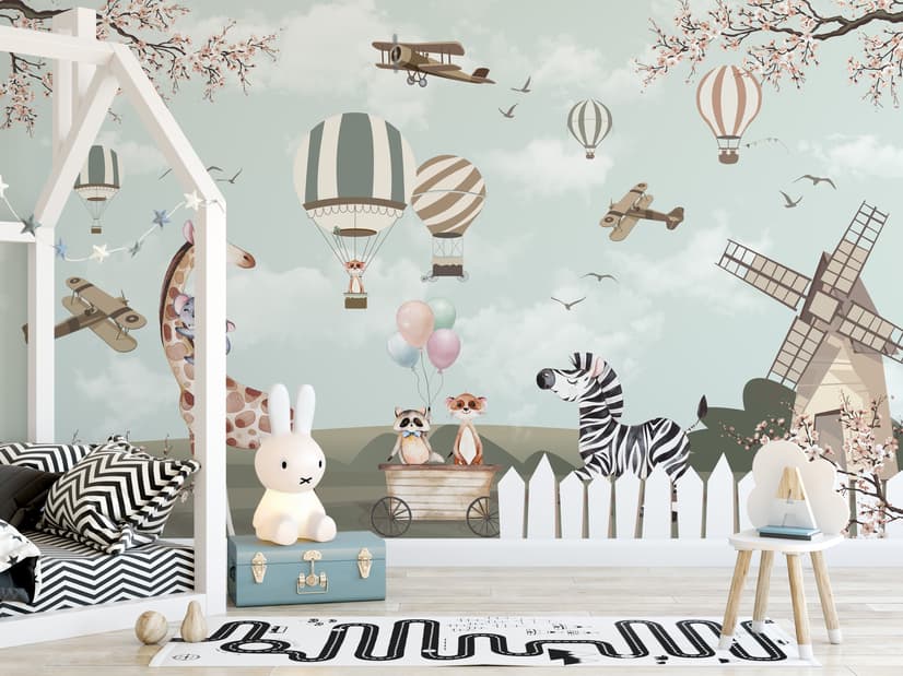 Kids Woodland Animals with Vintage Aircraft and Windmill Wallpaper Mural