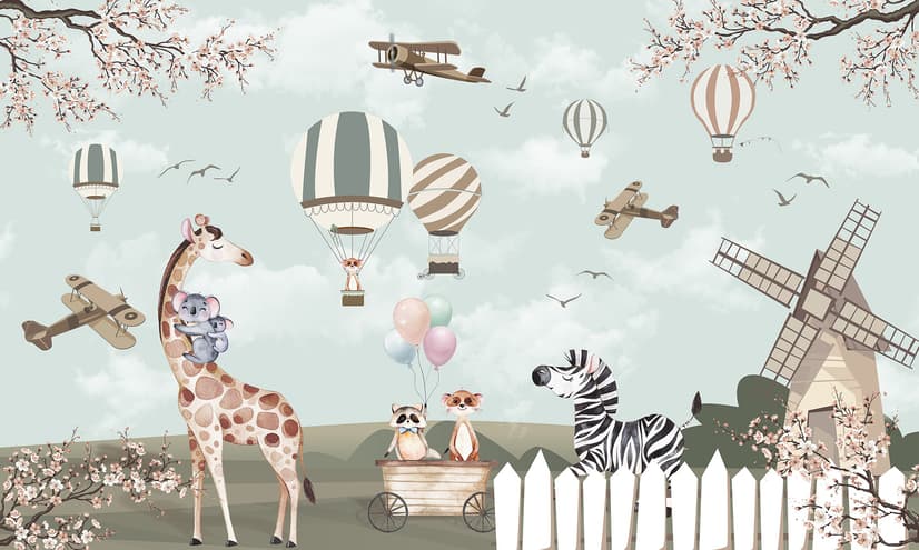 Kids Woodland Animals with Vintage Aircraft and Windmill Wallpaper Mural