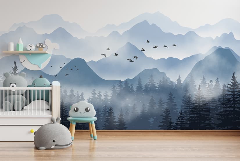 Monochrome Mountainscape with Misty Forest Wallpaper Mural