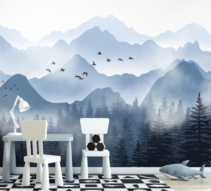 Monochrome Mountainscape with Misty Forest Wallpaper Mural