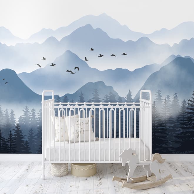 Monochrome Mountainscape with Misty Forest Wallpaper Mural