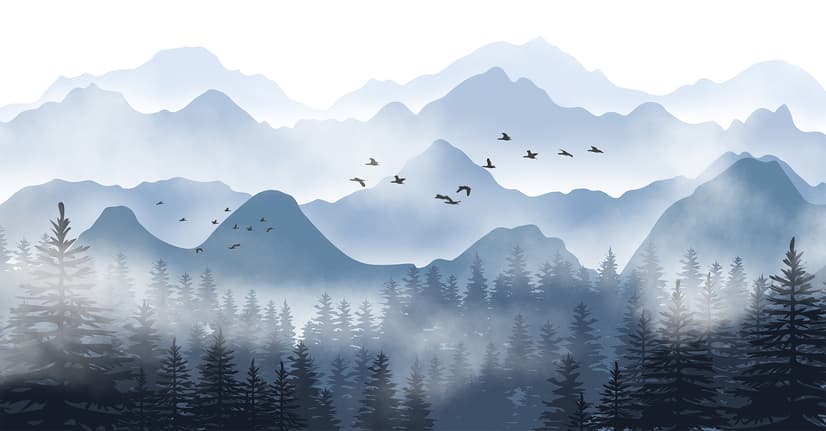 Monochrome Mountainscape with Misty Forest Wallpaper Mural