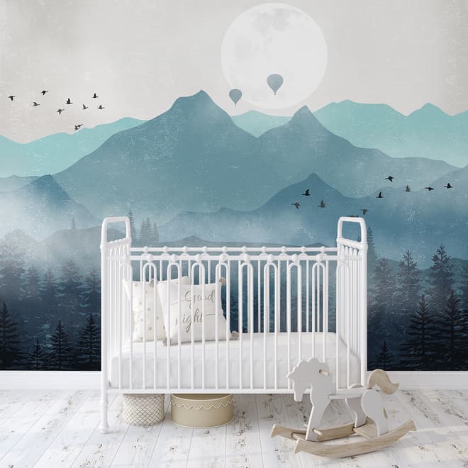 Fototapete mit Nebelgebirgslandschaft und Mond