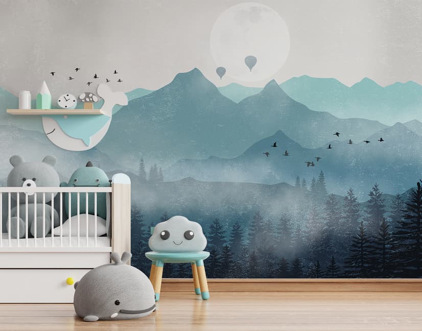 Misty Mountain Landscape with Moon Wallpaper Mural