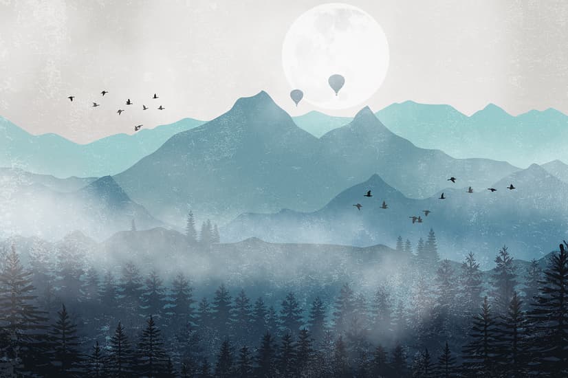 Misty Mountain Landscape with Moon Wallpaper Mural