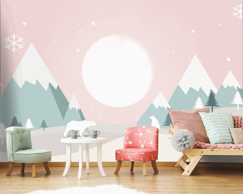 Kids Mountainscape with Cute Bears and Pink Skyscape Wallpaper Mural