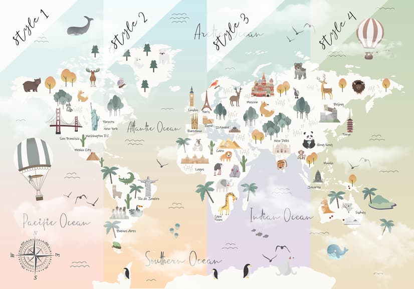 Kids Pink World Map with Cute Animals and Little Balloons Wallpaper Mural