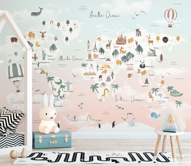 Kids Pink World Map with Cute Animals and Little Balloons Wallpaper Mural