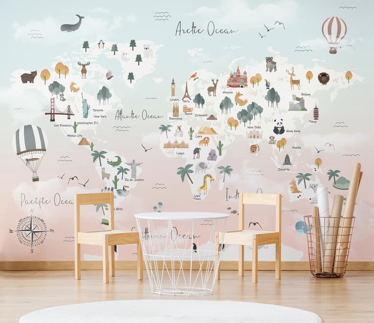 Kids Pink World Map with Cute Animals and Little Balloons Wallpaper Mural