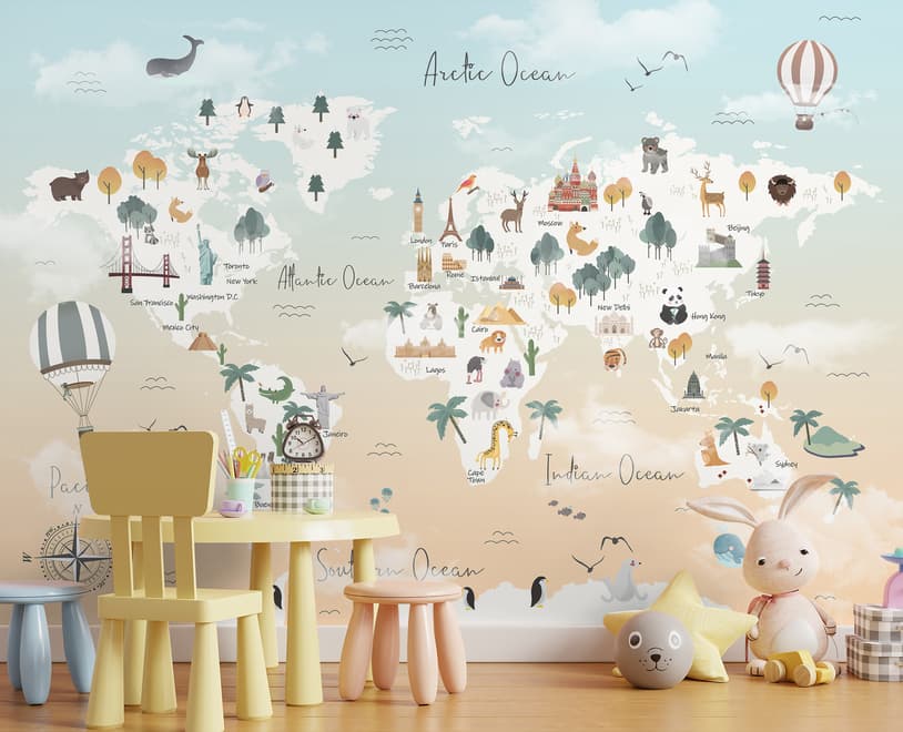 Kids Pink World Map with Cute Animals and Little Balloons Wallpaper Mural