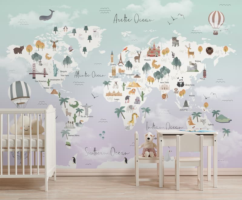 Kids Pink World Map with Cute Animals and Little Balloons Wallpaper Mural
