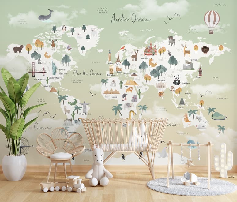 Kids Pink World Map with Cute Animals and Little Balloons Wallpaper Mural