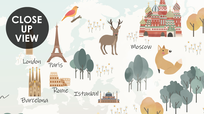 Kids Pink World Map with Cute Animals and Little Balloons Wallpaper Mural