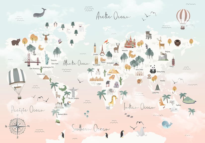 Kids Pink World Map with Cute Animals and Little Balloons Wallpaper Mural