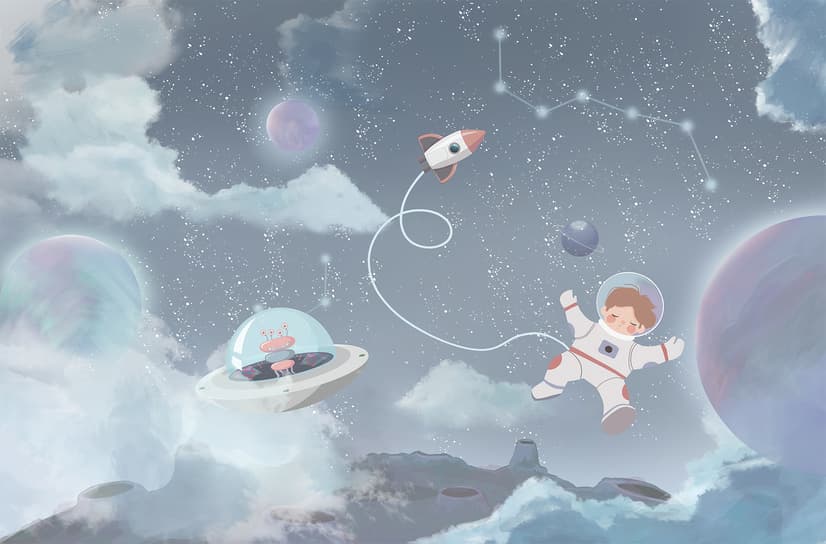 Soft Shining Planets and Astronaut for Boys Space Wallpaper Mural