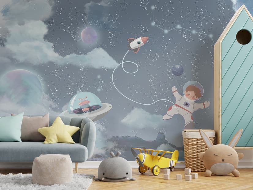 Soft Shining Planets and Astronaut for Boys Space Wallpaper Mural