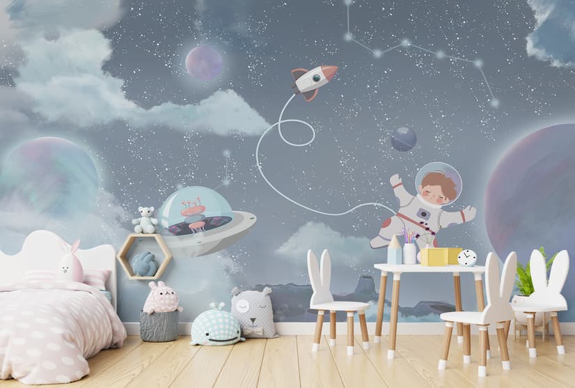 Soft Shining Planets and Astronaut for Boys Space Wallpaper Mural