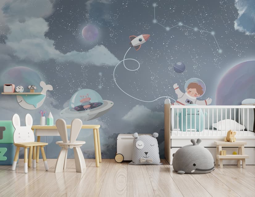 Soft Shining Planets and Astronaut for Boys Space Wallpaper Mural