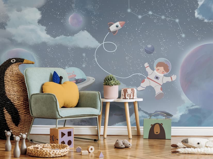 Soft Shining Planets and Astronaut for Boys Space Wallpaper Mural