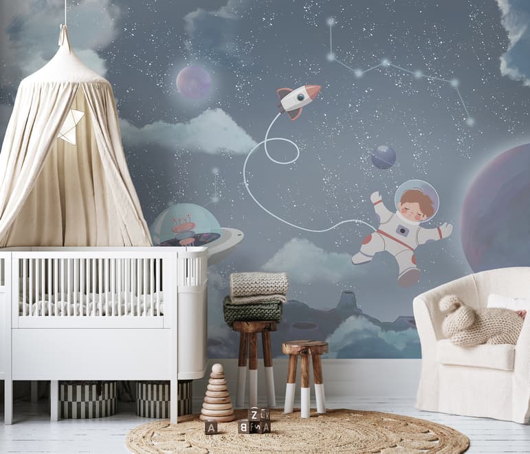 Soft Shining Planets and Astronaut for Boys Space Wallpaper Mural