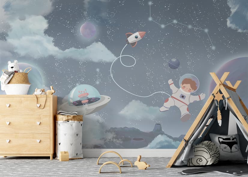 Soft Shining Planets and Astronaut for Boys Space Wallpaper Mural