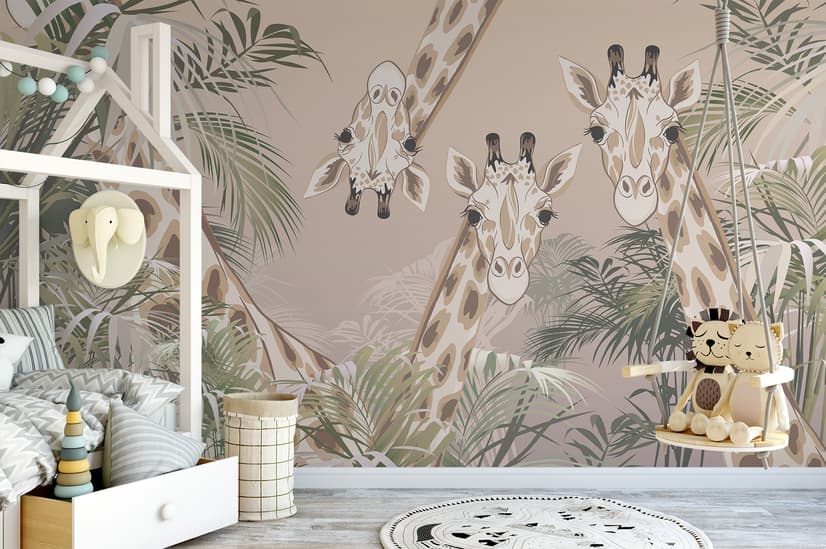 Niedliche Giraffen zwischen tropischen Blättern Fototapete