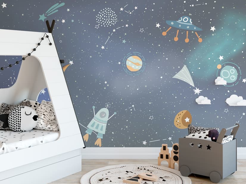 Kids Cartoon Space with Colorful Planets and Little Stars Wallpaper Mural